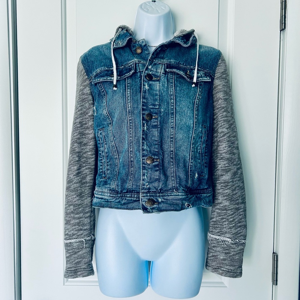 Free People blue gray denim mixed-fabric hooded jacket Size XS EUC